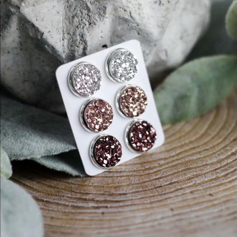 Glitter Stud Earrings 3 Pairs